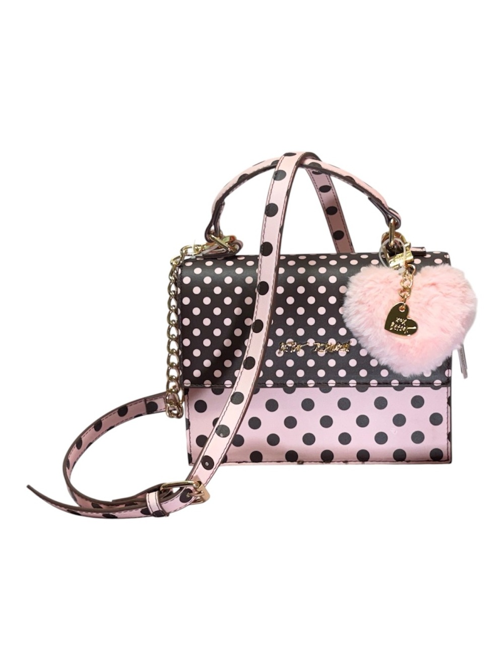 Betsey Johnson Pink & Brown Polka Dot Structured Crossbody Purse With Heart NWT